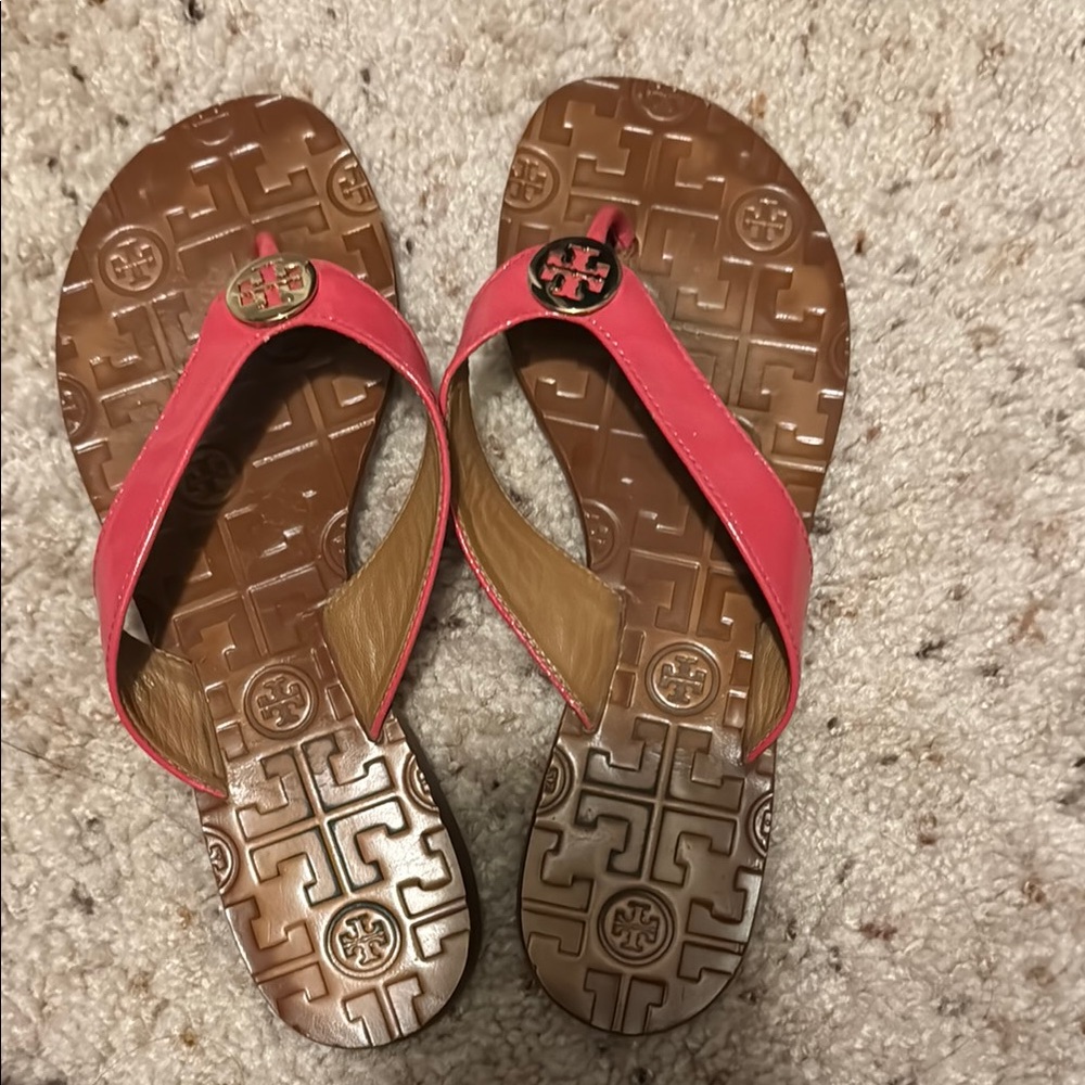 Tory Burch Pink and Brown Sandals with Geometric Pattern